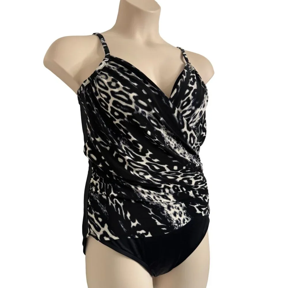 Magicsuit Size 16 Black White One Piece Swimsuit Built in Bra Ruched Front NWT